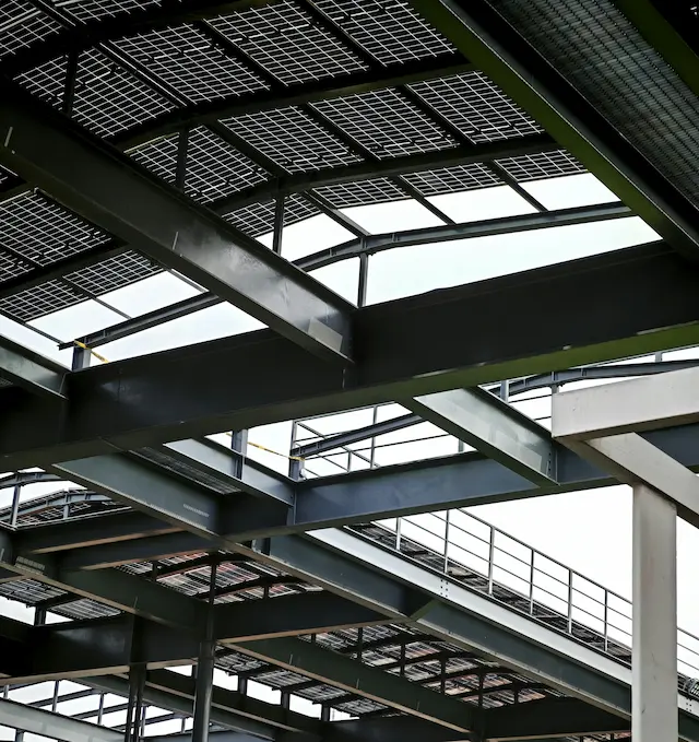 Industrial steel platform frame with stairs and floor structure